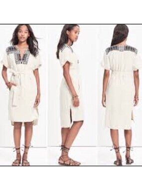 Madewell Embroidered Paradise Dress Women's size XS Beige Linen Blend Tie Waist